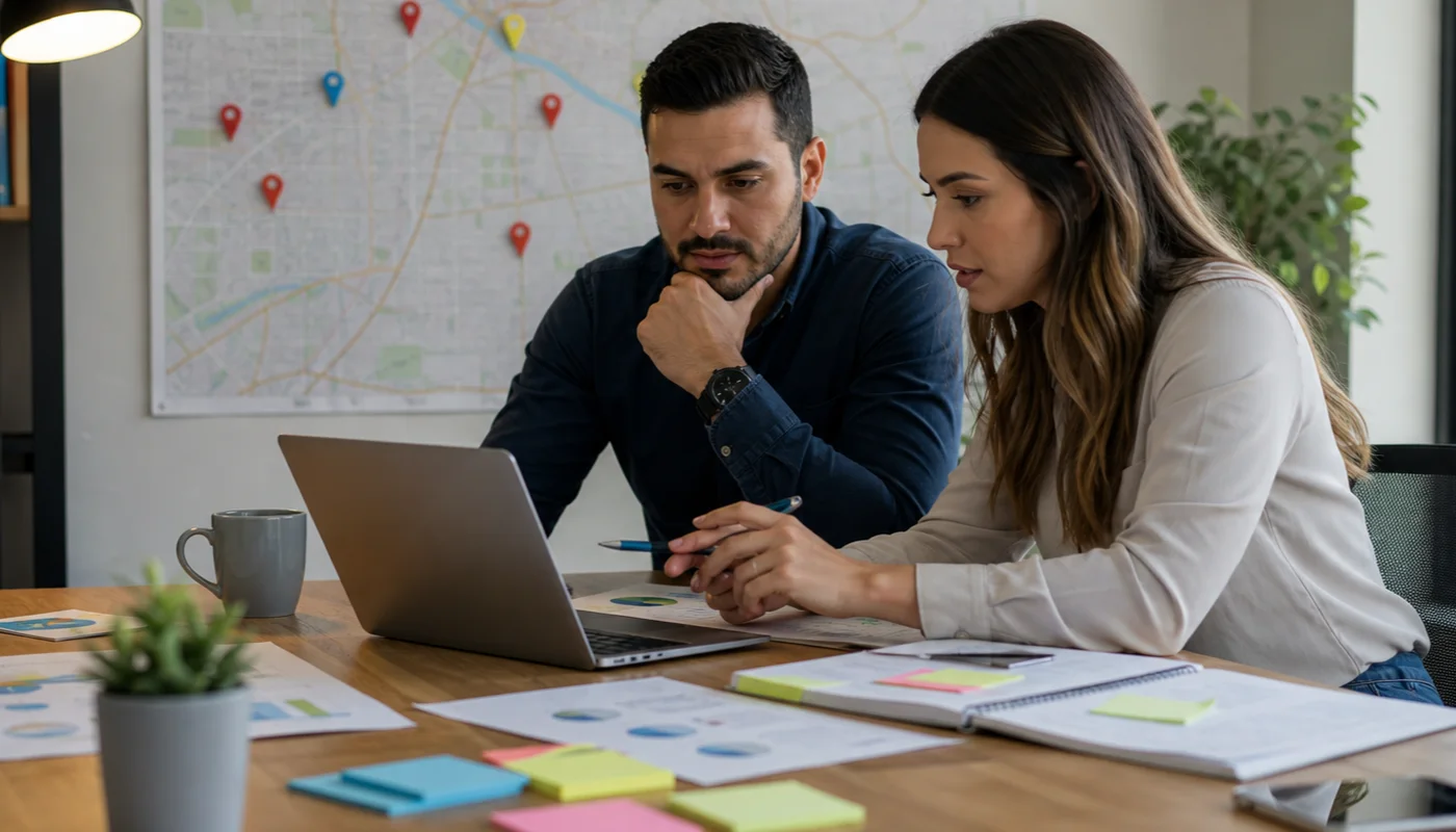 Owner and marketer reviewing a local SEO task board, map, and reporting workflow