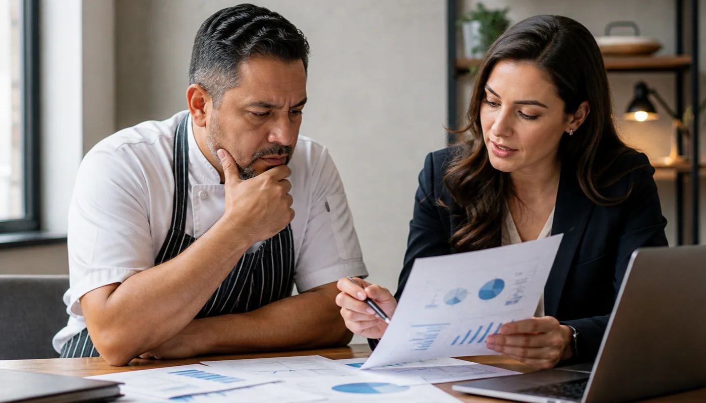 Restaurant owner reviewing local search performance, call activity, and website actions with a consultant