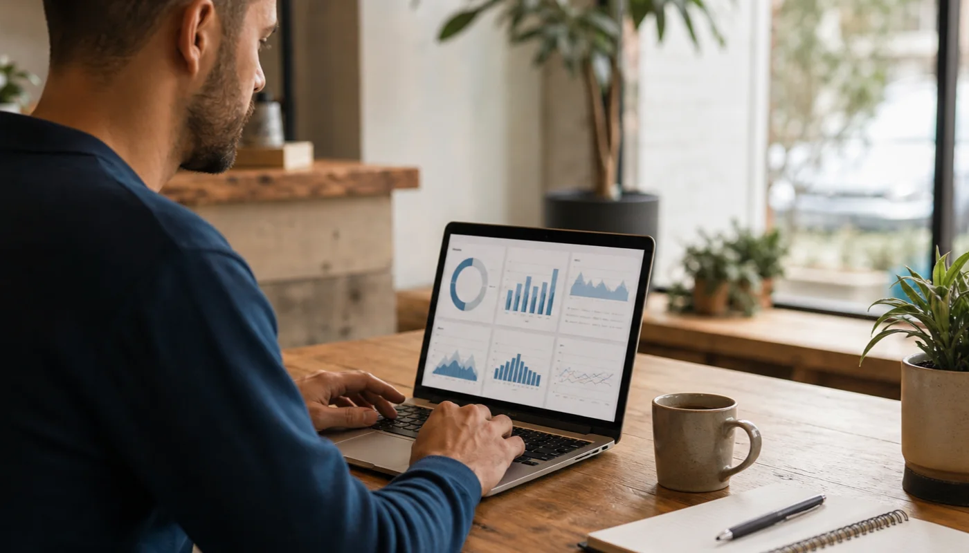 Small business owner checking a monthly reporting dashboard on a laptop with notes beside it