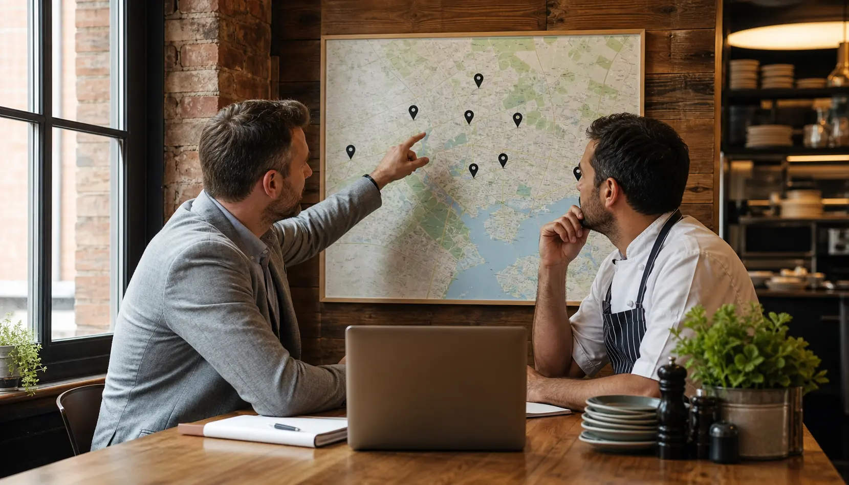 Consultor y chef revisando un mapa con varias sedes mientras planean cobertura local para el grupo