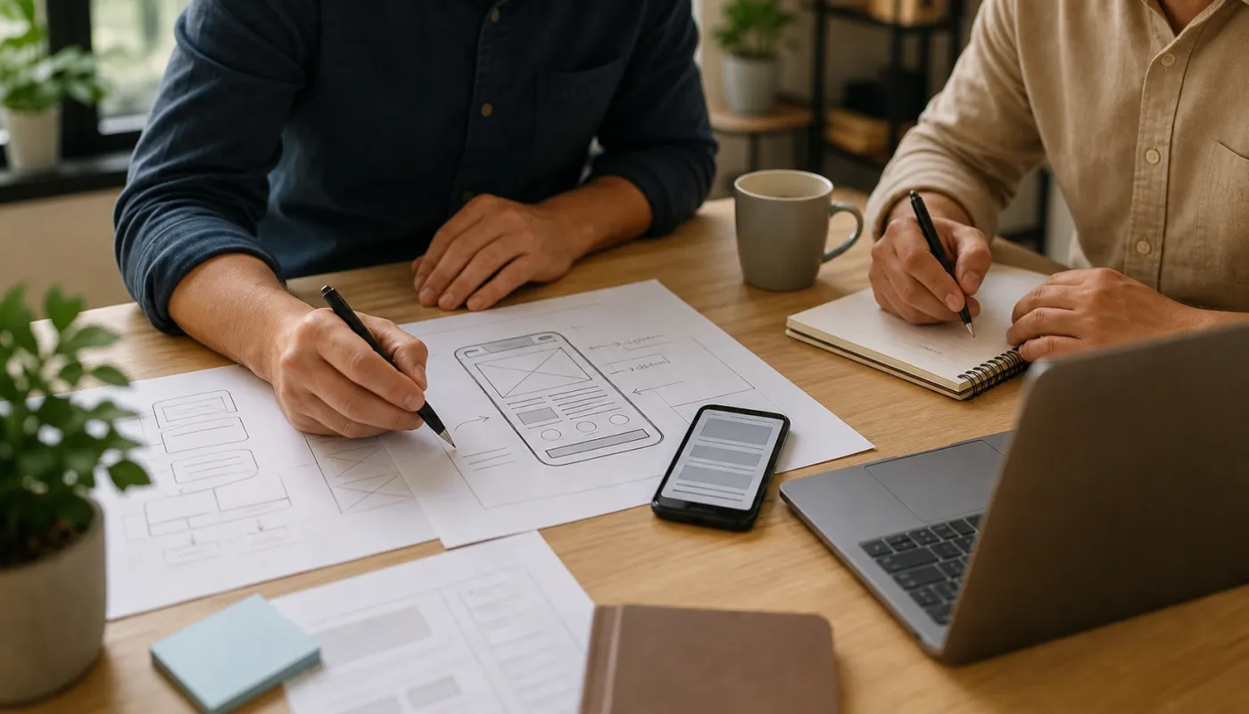 Consultor dibujando un wireframe movil de pagina de servicio junto a un telefono y una laptop
