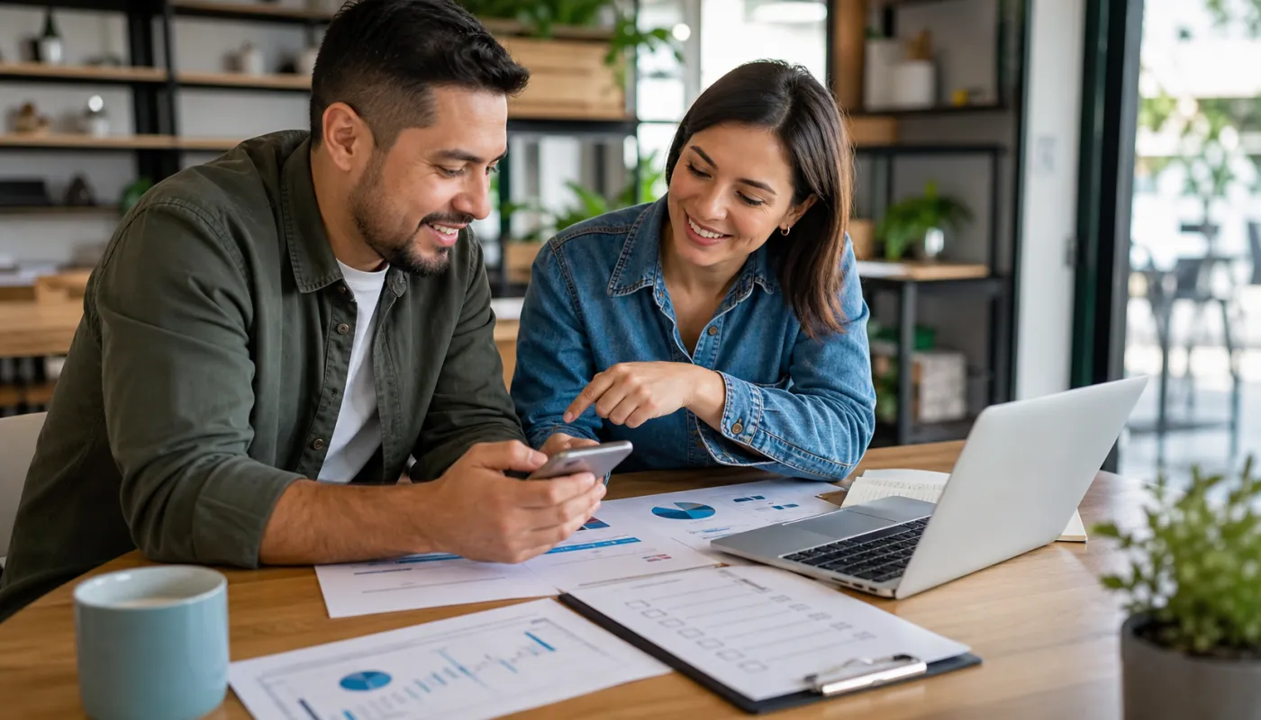 Dueno y consultor revisando una ruta de lead en smartphone con graficas simples y laptop sobre la mesa