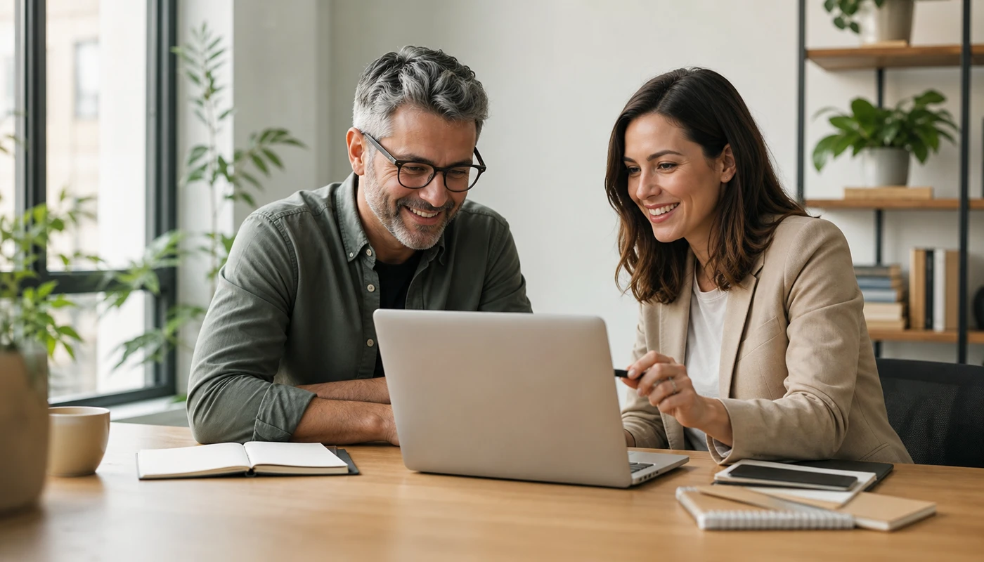 Small business owner and web support strategist reviewing a new website after launch on a laptop
