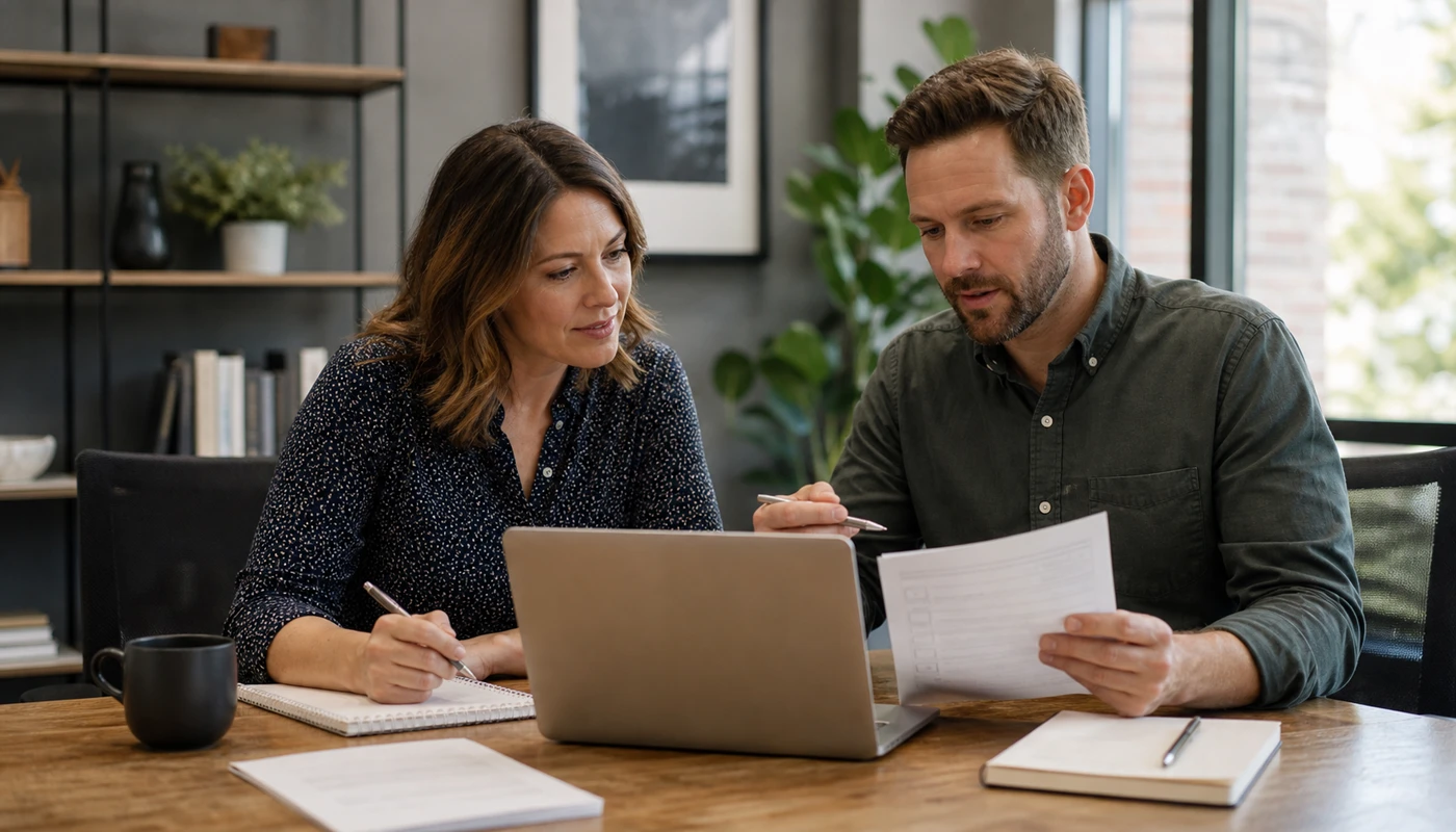 Owner and support strategist planning monthly updates for a recently launched business website