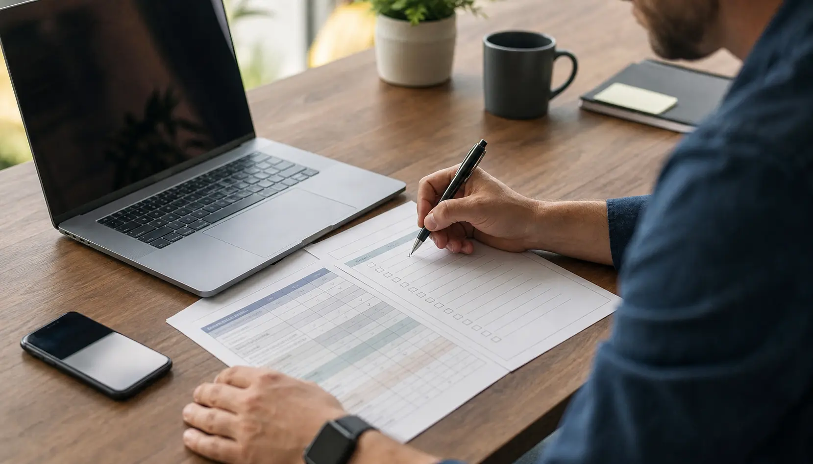 Business owner marking up a pricing checklist beside a laptop and phone before updating a service page