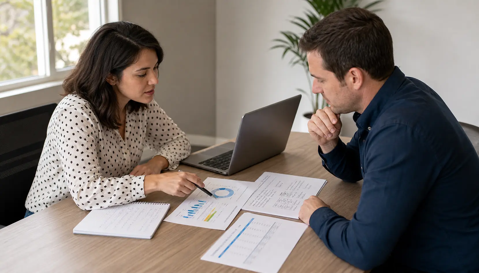 Consultant and owner reviewing lead quality notes and pricing page performance at a meeting table