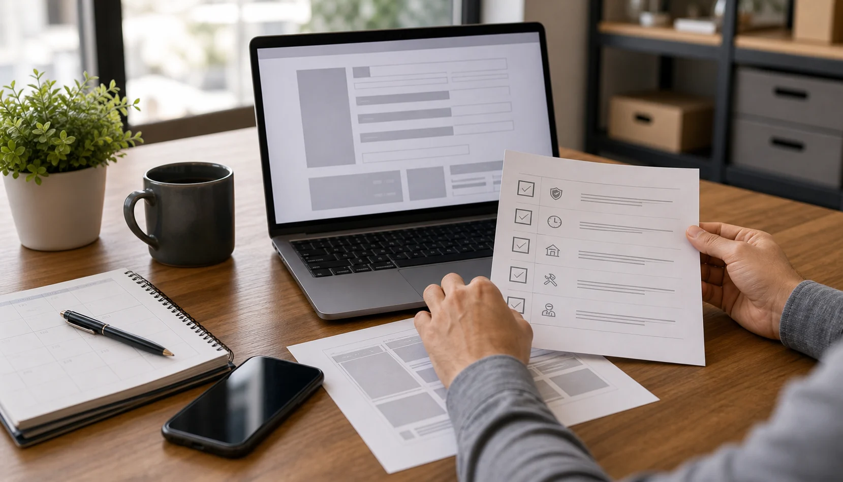 Checklist and laptop wireframe for improving a small-business quote request page