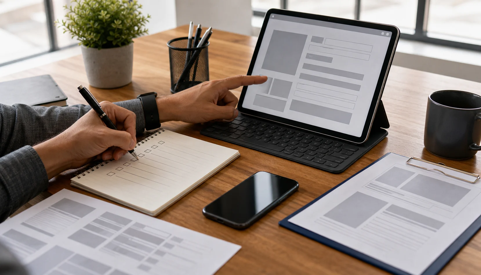 Tablet quote form layout beside a phone, notebook, and service checklist