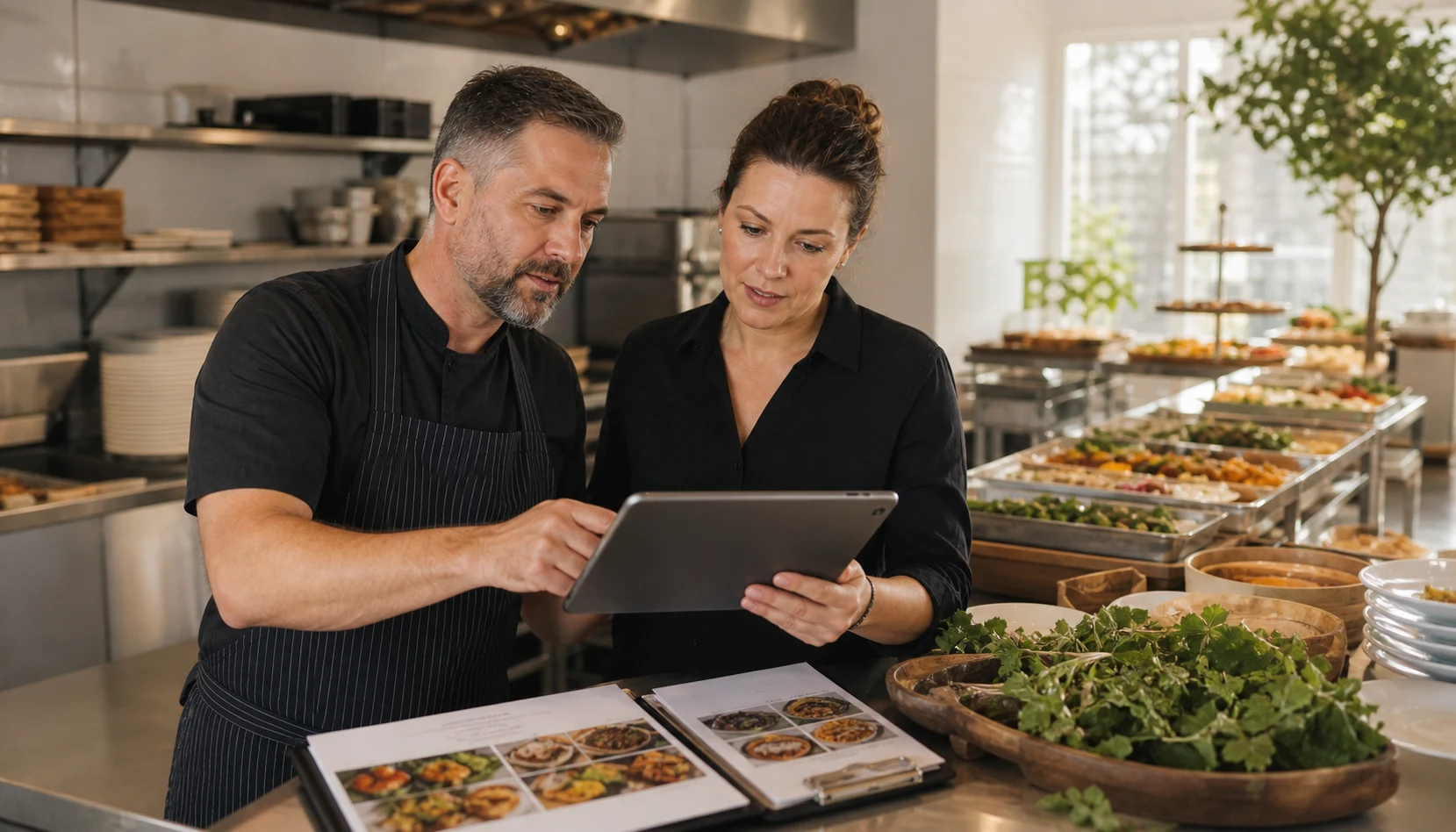 Propietario del restaurante revisando las opciones del paquete de restauración y las fotos del menú en una tableta en una cocina de preparación