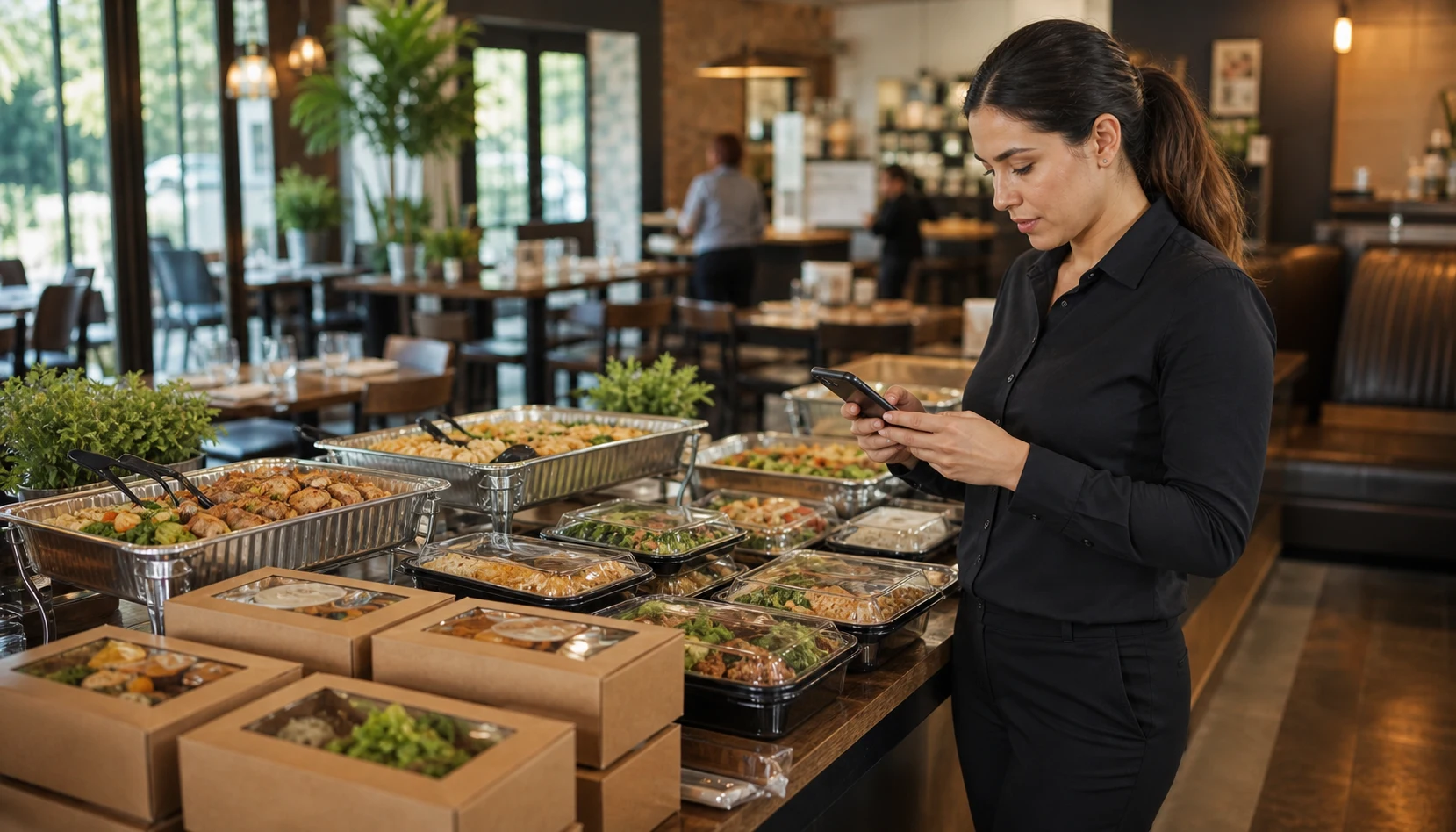 Director de restaurante que revisa las consultas de restauración en un teléfono junto a bandejas de catering preparadas y comidas en caja
