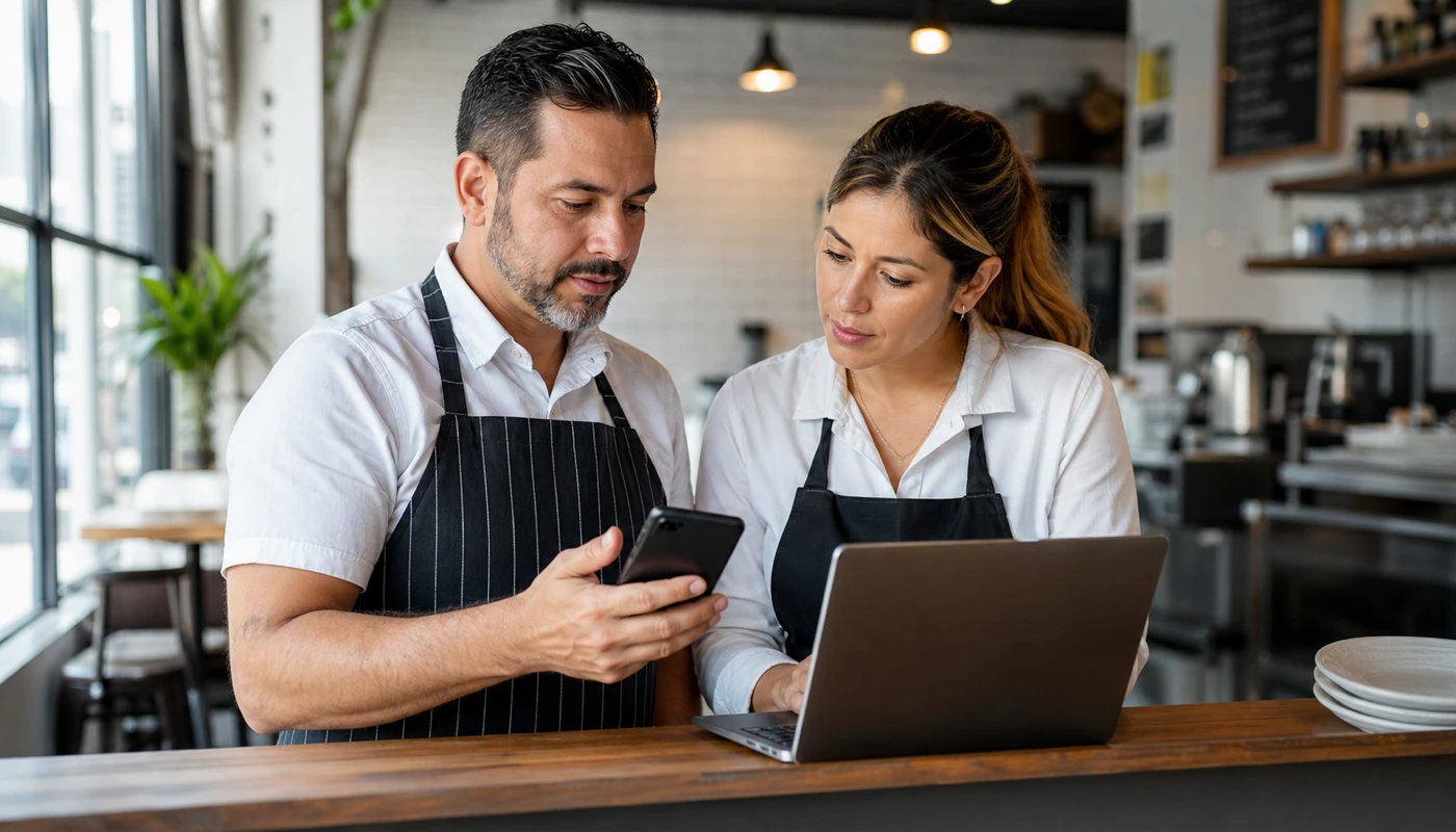 Restaurant owner and front-counter manager reviewing a mobile contact page and call path