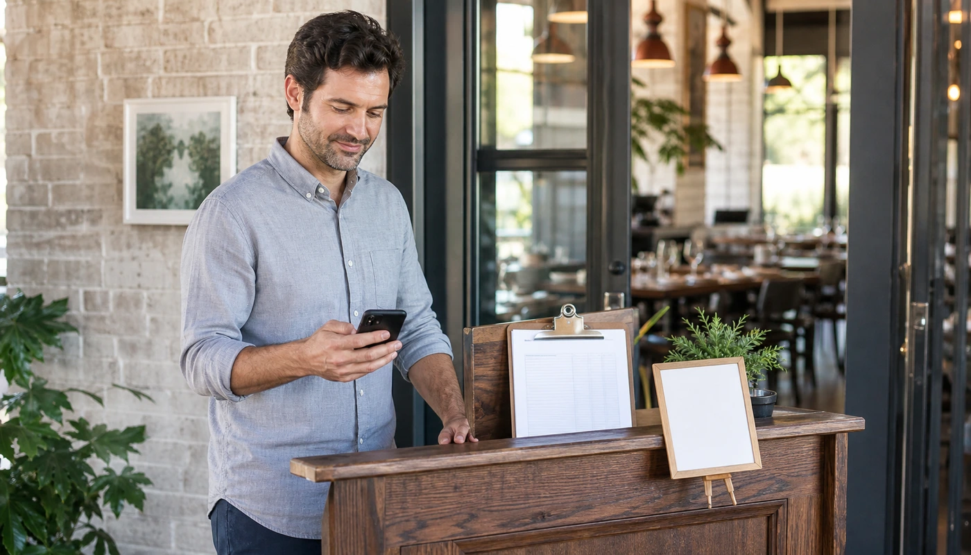 Restaurant manager checking mobile contact details, hours, and front-desk notes at a host stand