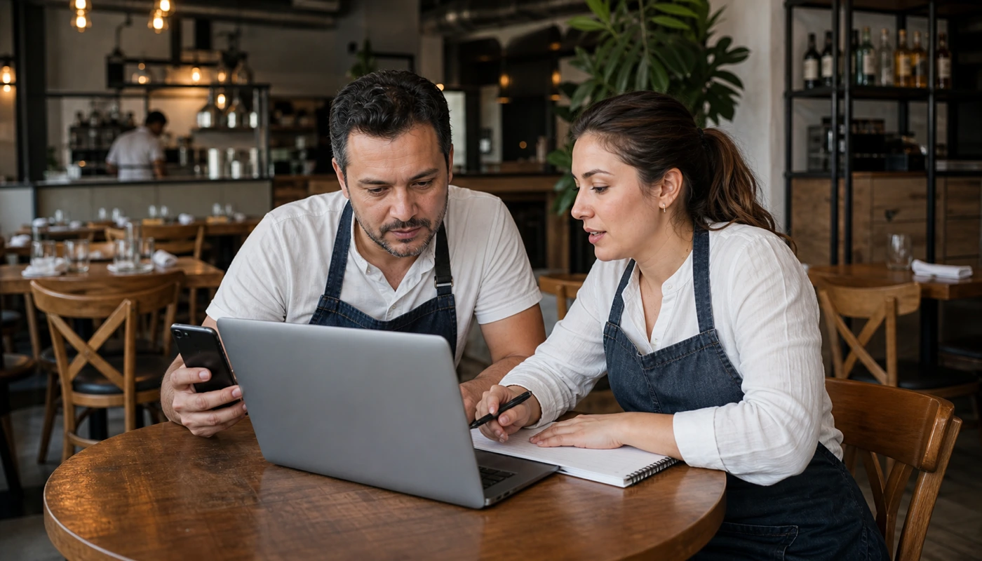 Restaurant owner and staff member reviewing direct-order calls, location details, and website notes