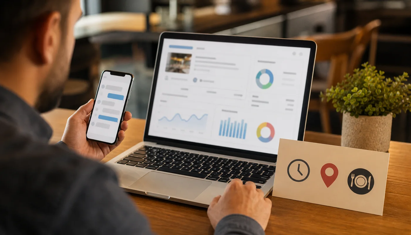 Propietario del restaurante revisando preguntas DM junto con Google Business Profile horas y enlaces de menú para la consistencia