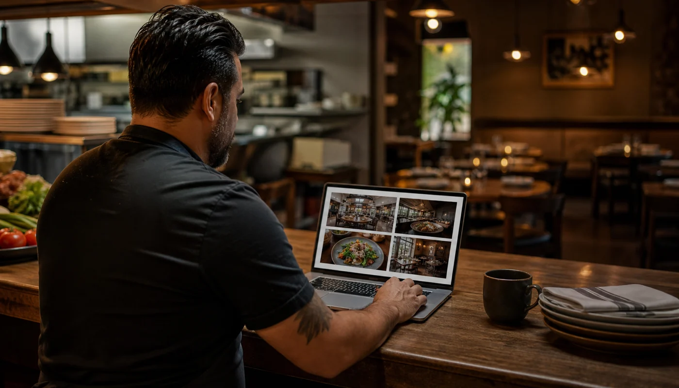 Restaurant manager checking Google profile details, dining room photos, and website pages on a laptop during prep time
