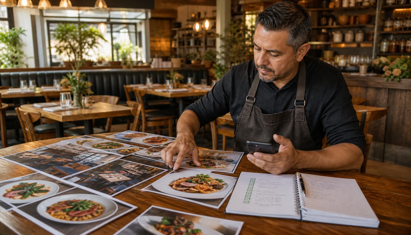 Restaurant owner reviewing fresh dining room and food photos alongside a mobile order path before publishing updates