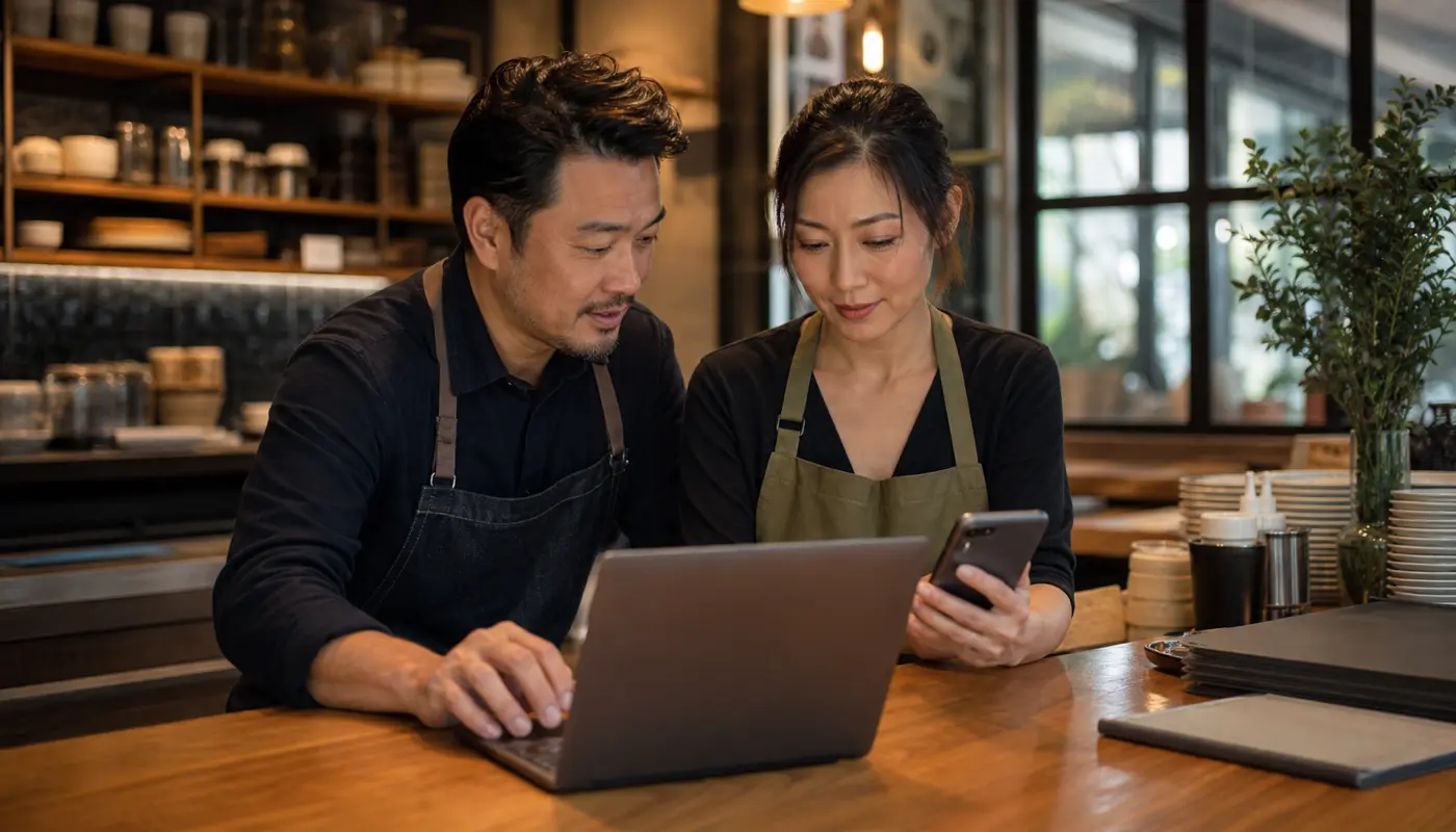 Restaurant owner and manager reviewing menu page speed on a laptop and phone before service