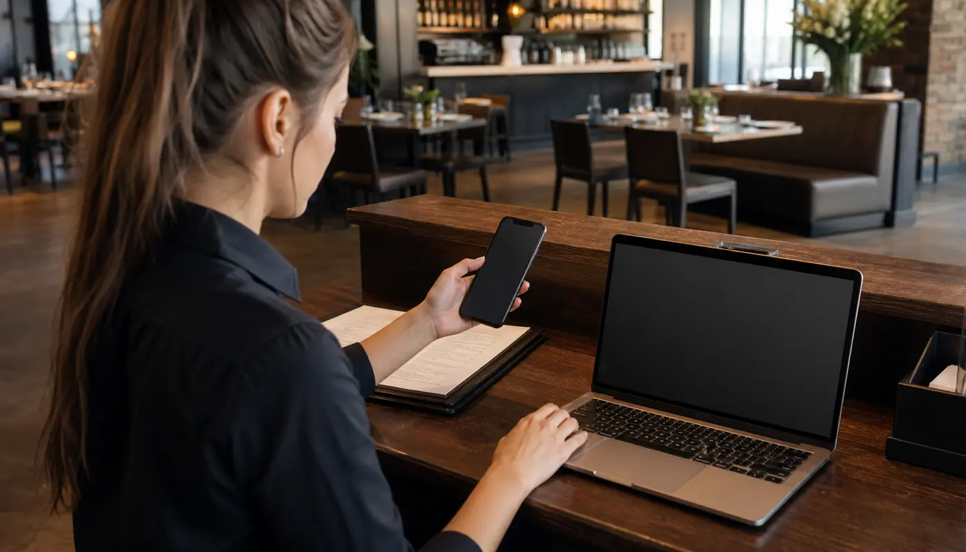 Restaurant staff member testing a mobile website flow with a blank phone screen near the host stand