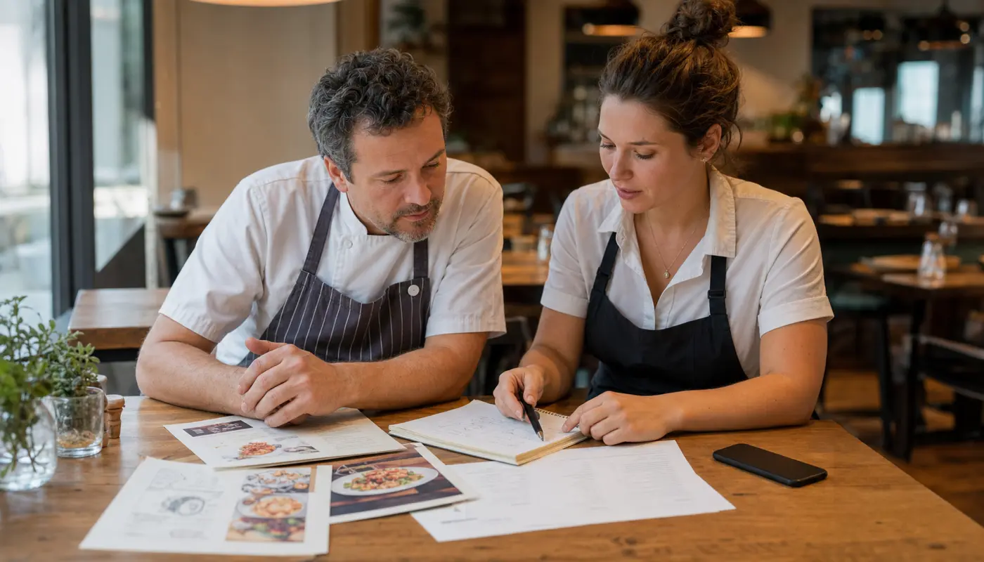 Restaurant owner and floor manager reviewing menu pages and website performance notes before opening