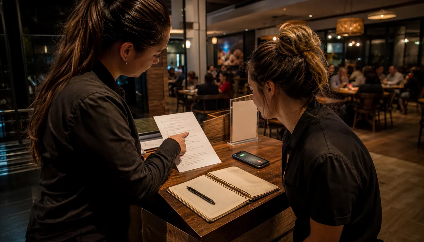 El personal del restaurante revisa una lista de verificación perdida en el stand del anfitrión durante el servicio de cena