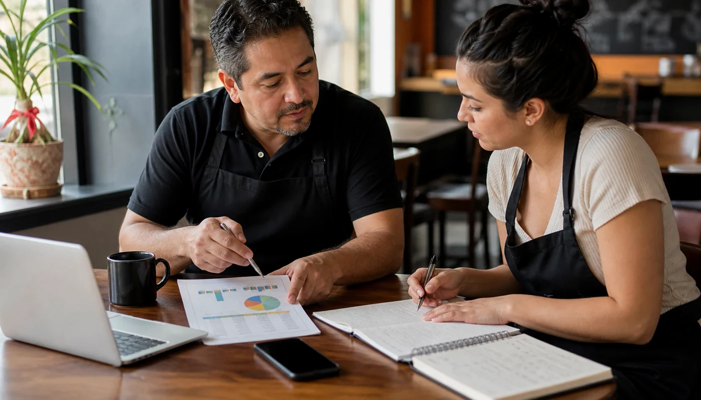 Propietario y asistente del restaurante revisando un informe semanal y notas de seguimiento