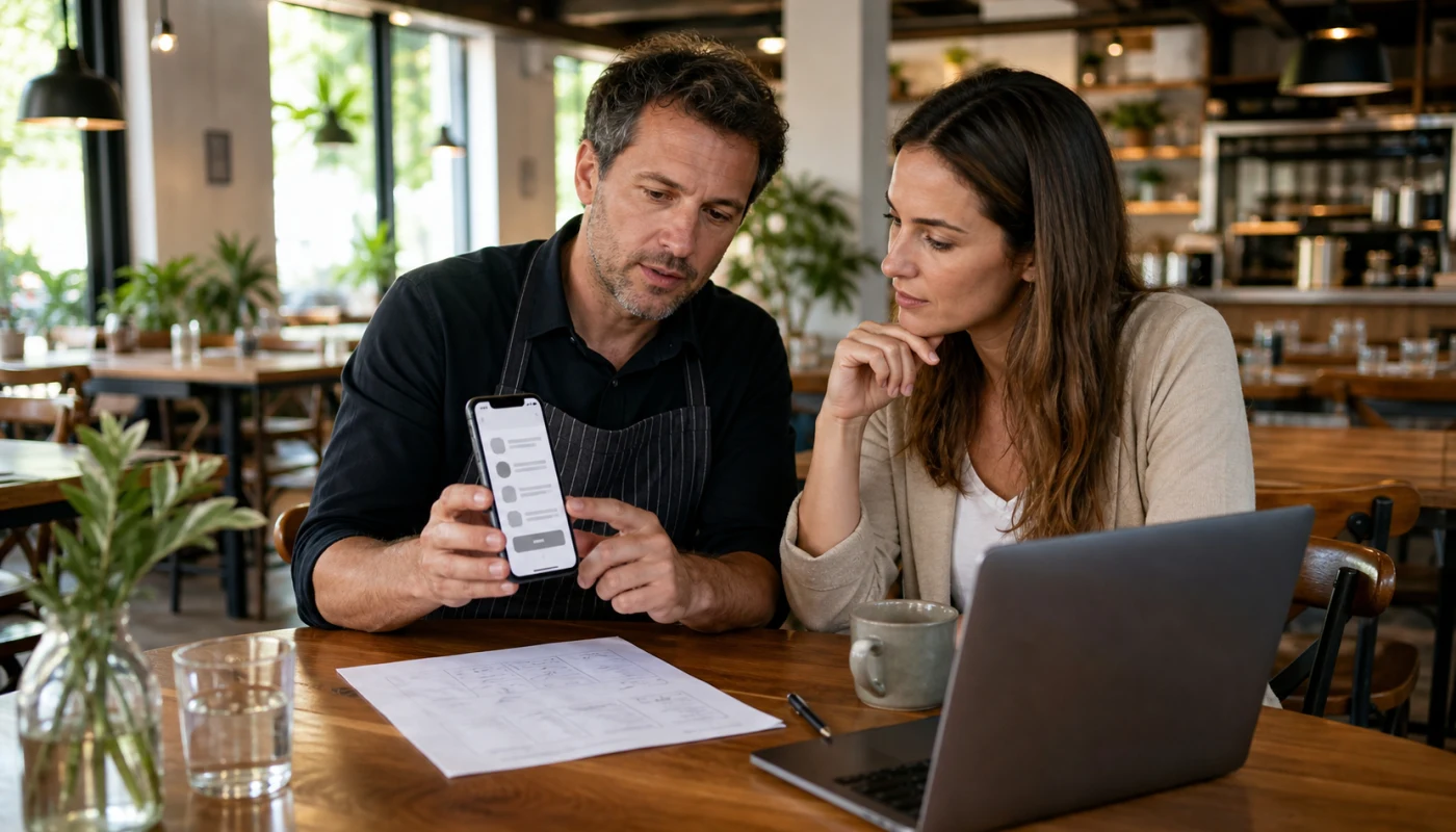 Restaurant owner showing a mobile ordering path on a smartphone while reviewing the page with a colleague