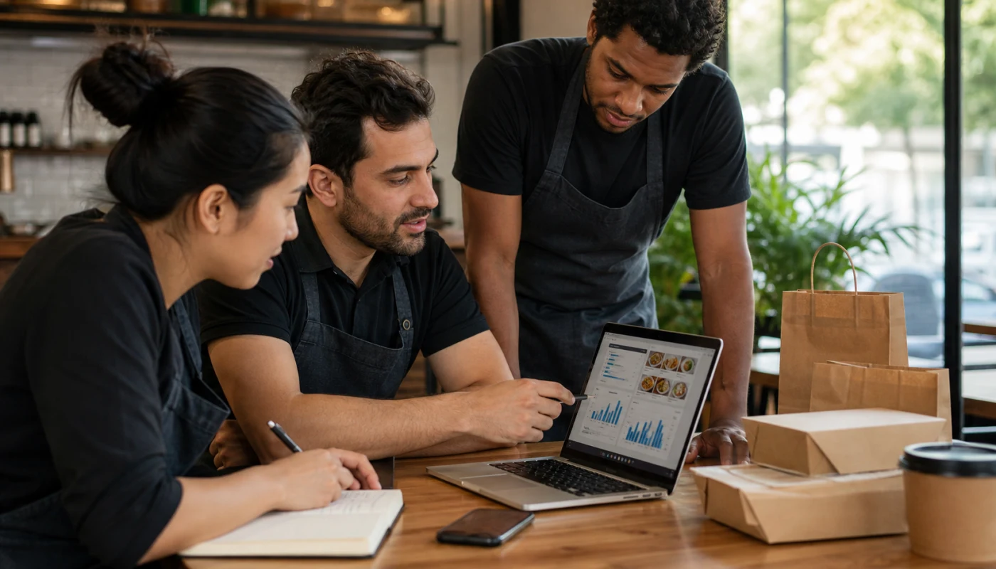 Restaurant team reviewing ordering page metrics and menu workflow on a laptop beside takeout packaging