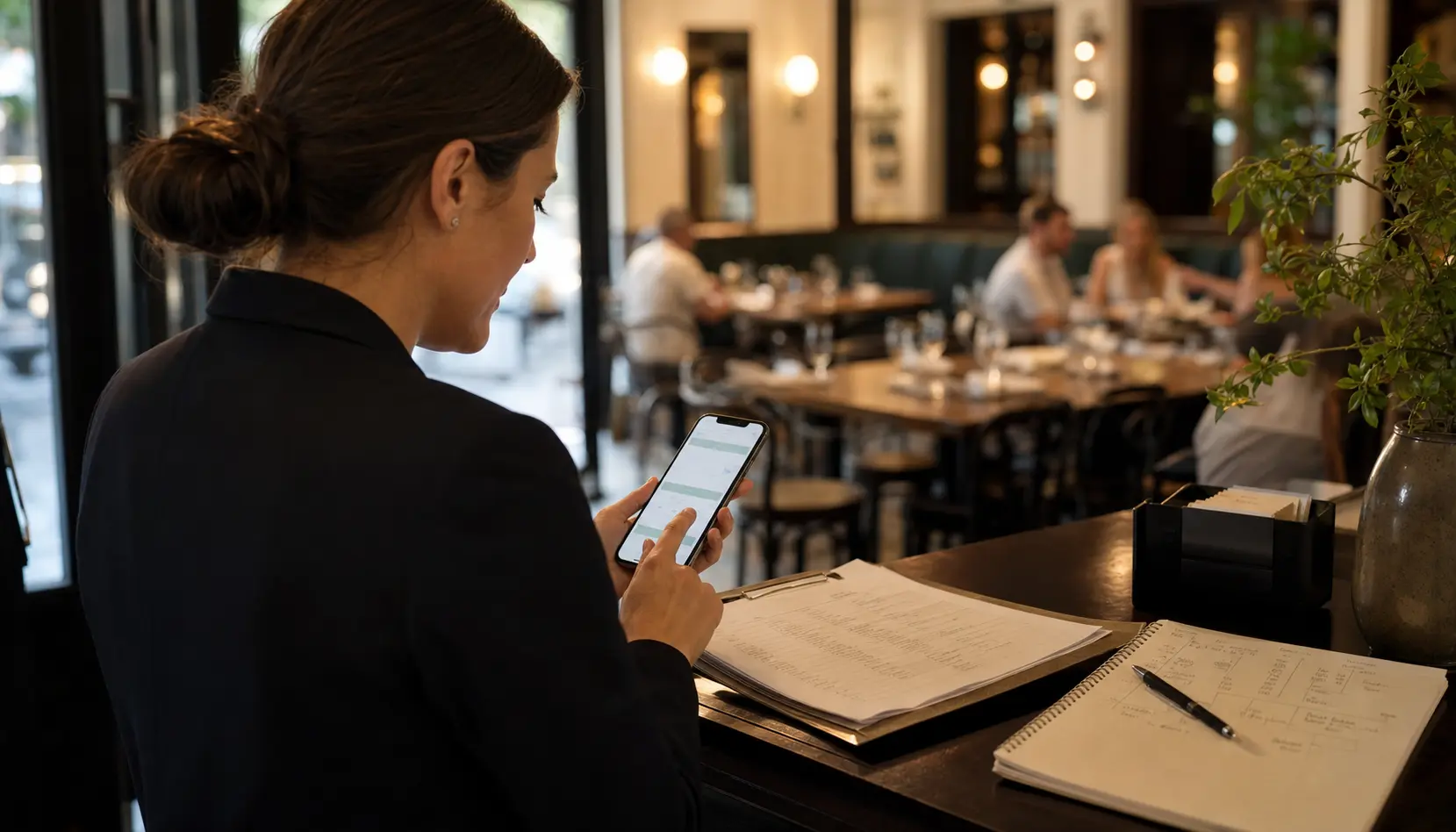 Hostess probando un flujo de reservacion en movil con notas y checklist en el mostrador