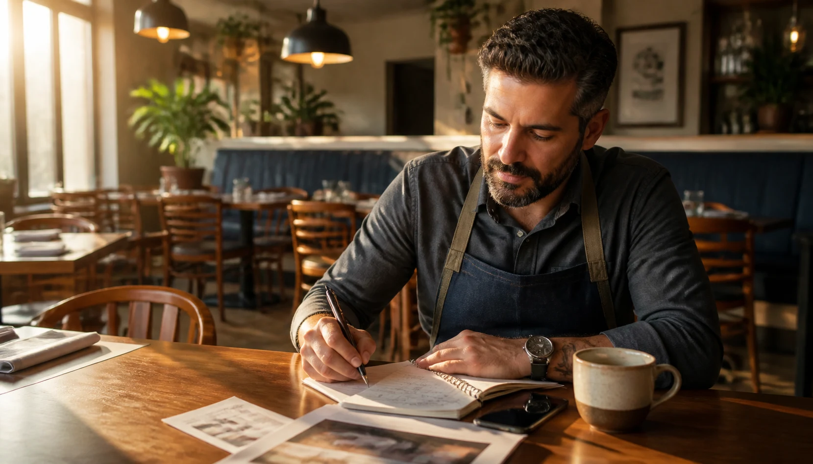 Restaurant manager drafting a review response workflow at a table before opening with a notebook and phone nearby
