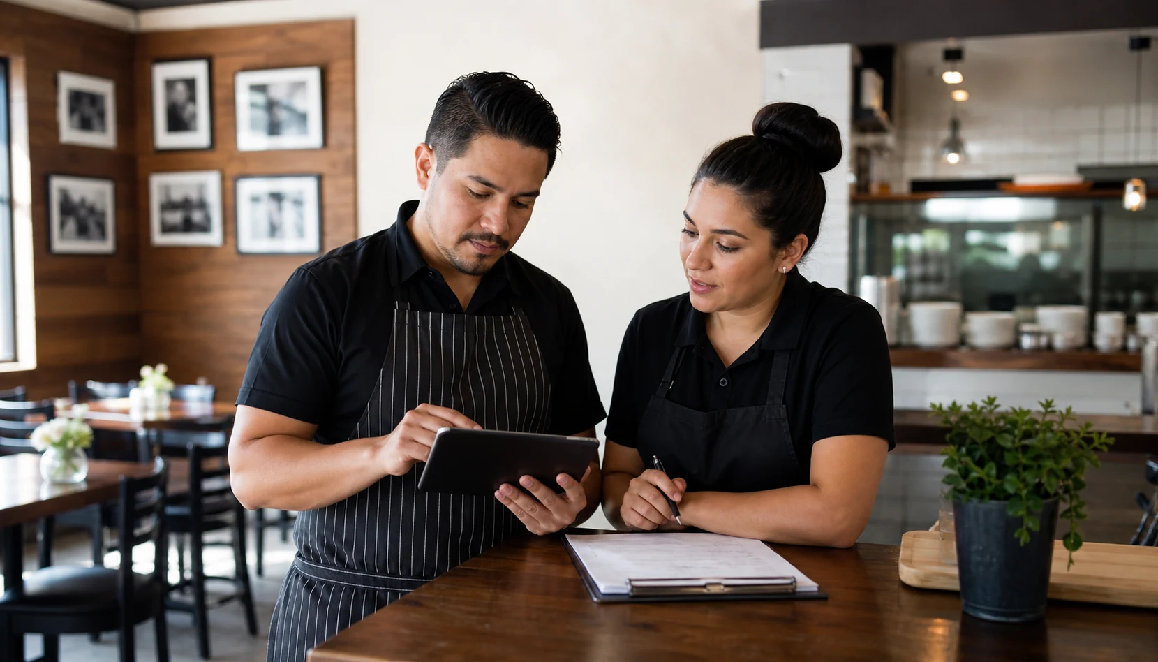 Two restaurant staff members reviewing guest feedback trends together on a tablet and printed checklist during prep time