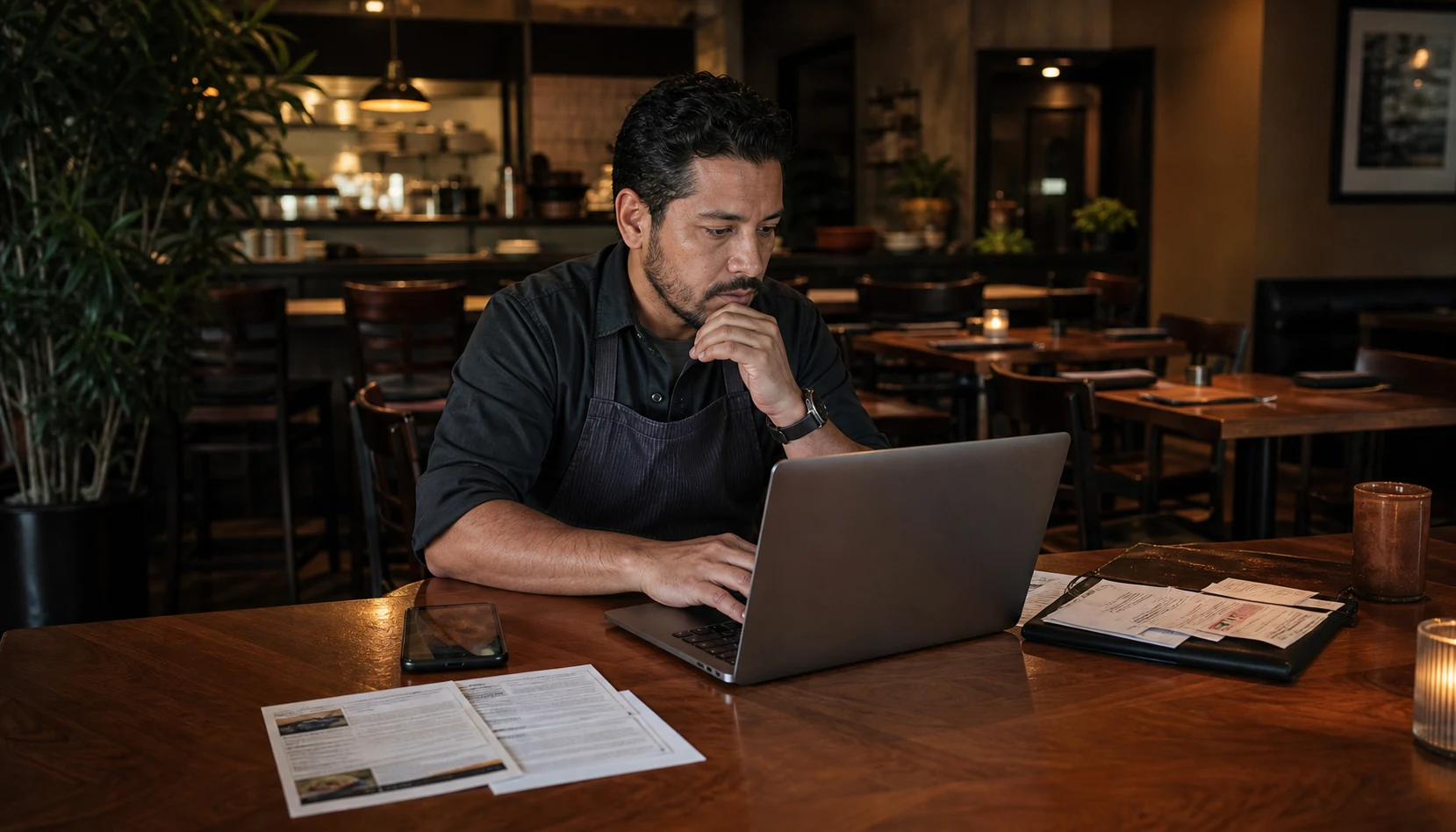 Restaurant owner replying thoughtfully to customer feedback on a laptop after service in a quiet dining room