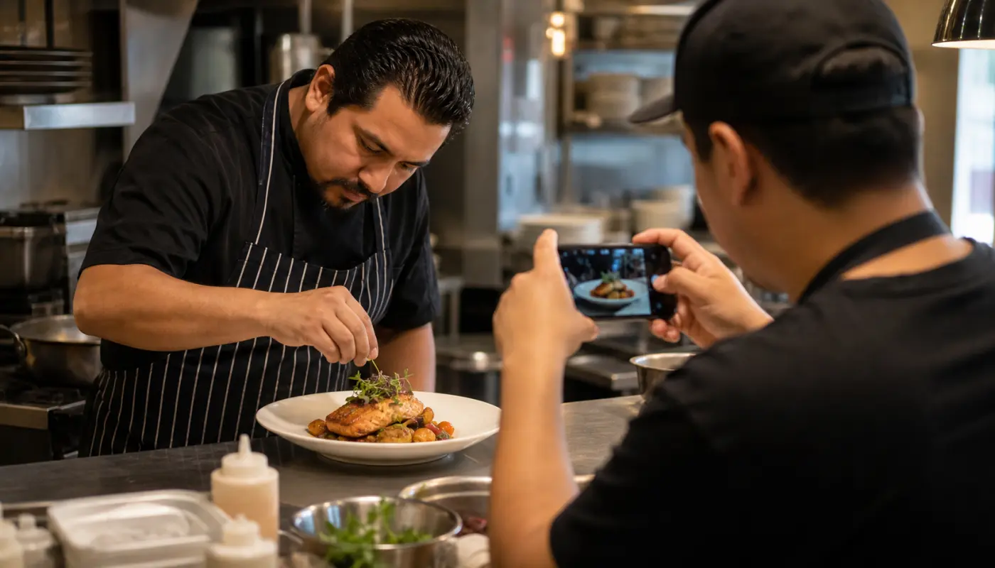 Chef plating a featured weekly special while a team member takes clean food photos for social media