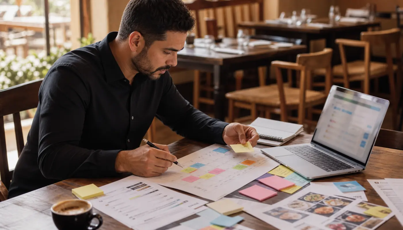 Restaurant manager planning a weekly social posting schedule with photos and a simple offer calendar