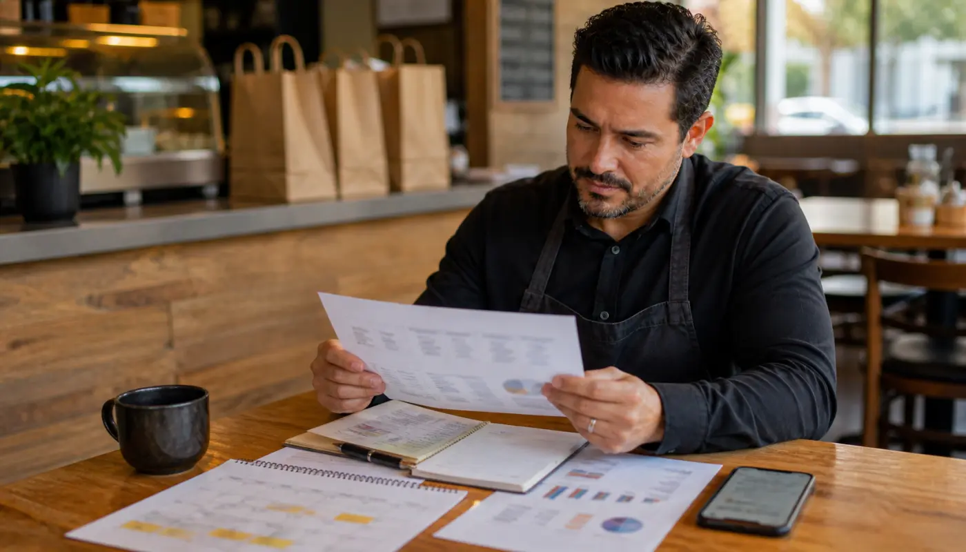 Restaurant owner reviewing a weekly specials report and offer calendar to decide what to repeat next week
