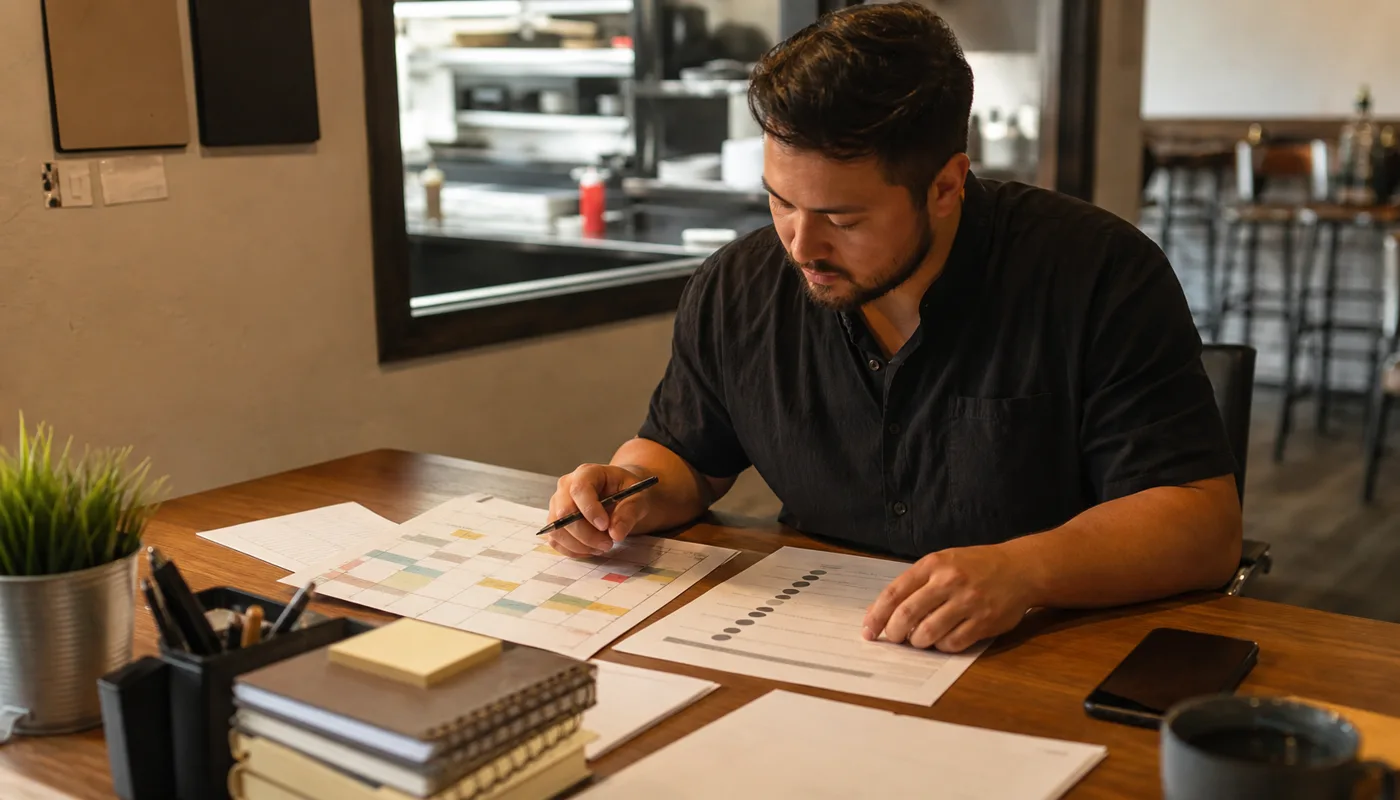 Manager comparing a restaurant social media report with a weekly offer calendar and simple KPI checklist