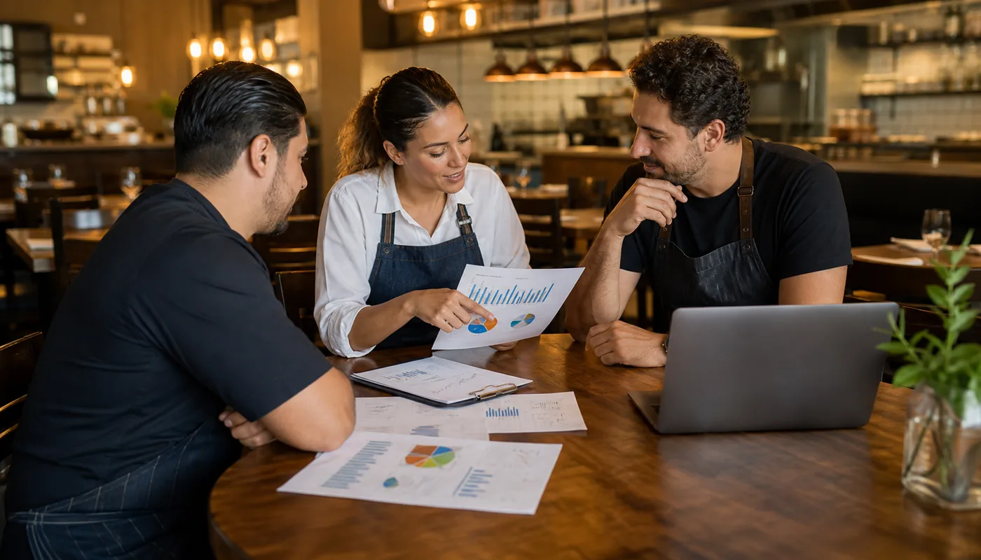 Restaurant team reviewing call clicks, direction requests, and menu page traffic during a weekly reporting meeting