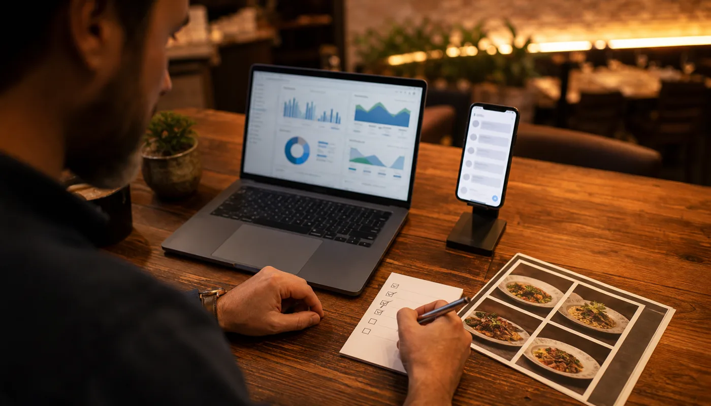 Restaurant operator fixing the weak link in a social media conversion path: pinned posts, link in bio, and fast menu page