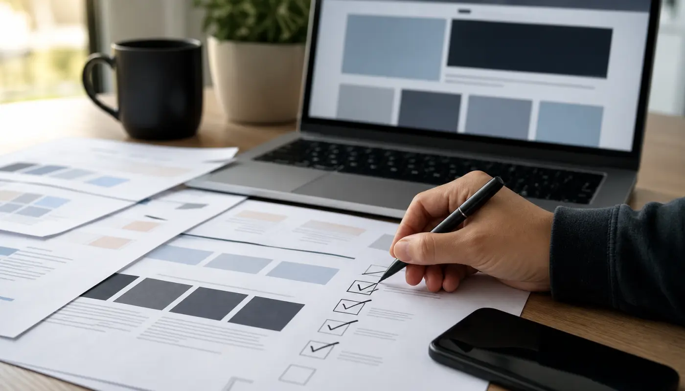 Printed service page layouts, checklist marks, and a blurred laptop during an audit review