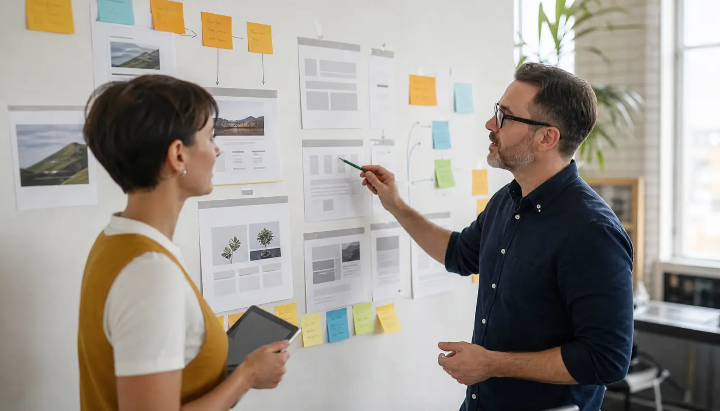 Owner and consultant reviewing service page layouts and trust-signal notes on a wall