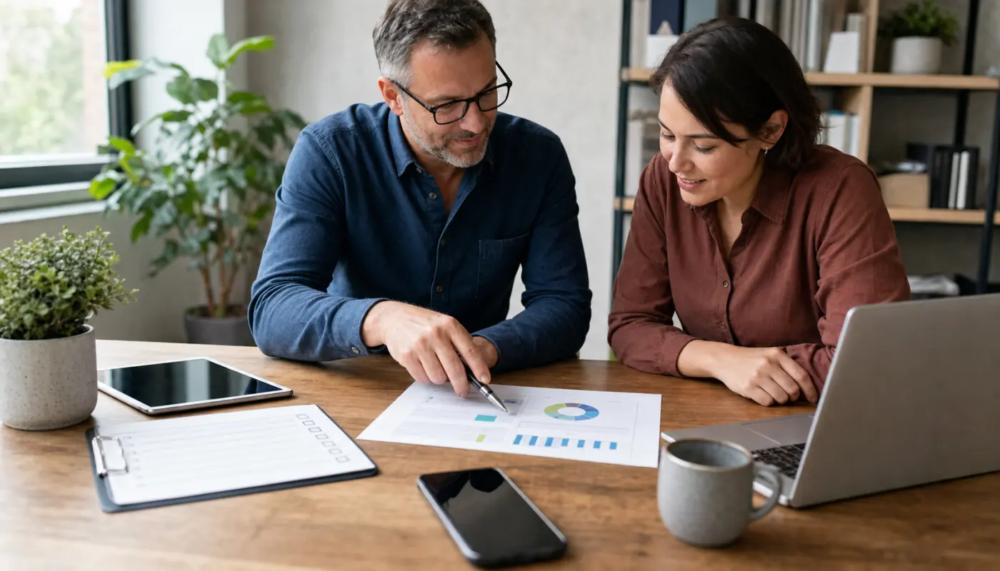 Consultant and small business owner reviewing conversion notes, a checklist, and a laptop during a service-page audit