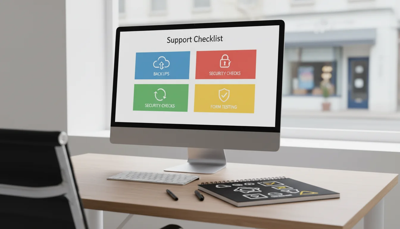 Website support review showing service page priorities, page updates, and monthly maintenance notes on a laptop