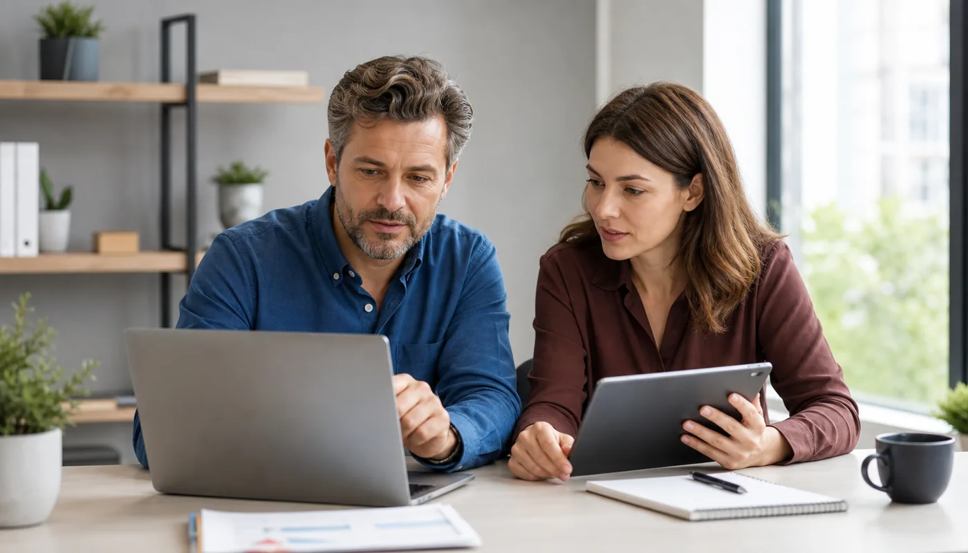 Small business owner and website support consultant reviewing a monthly website maintenance plan on a laptop and tablet