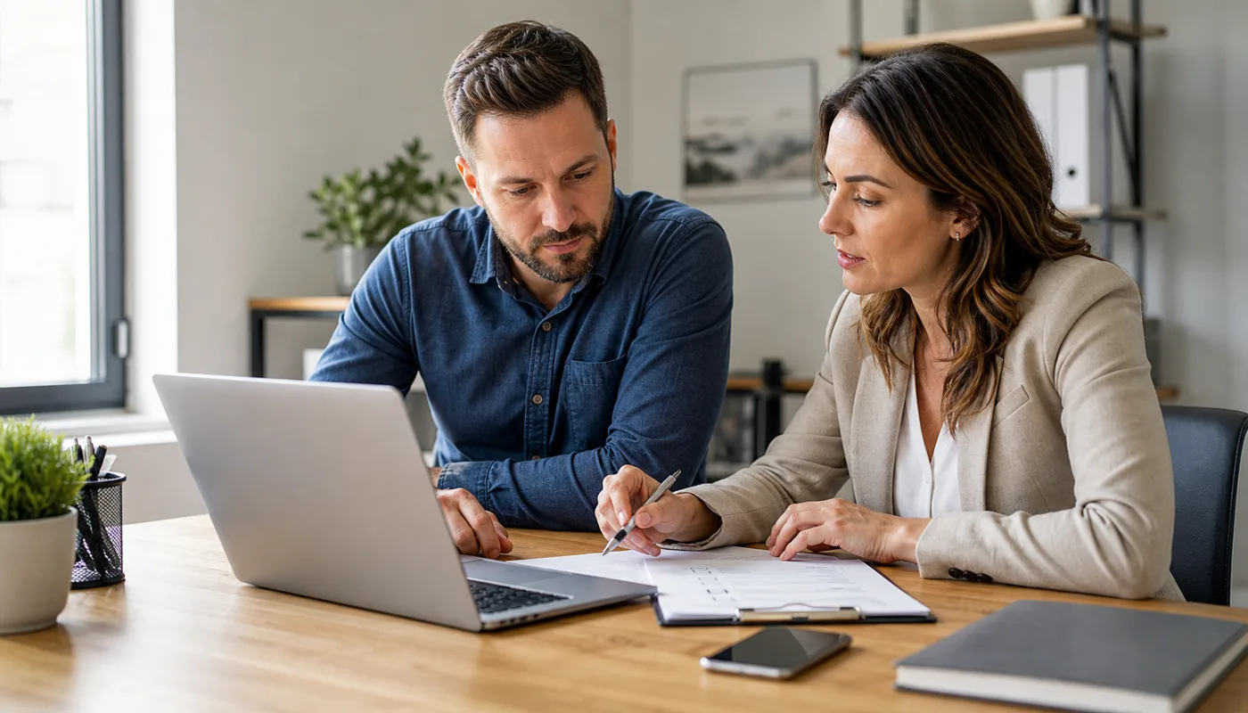 Business owner and website support consultant reviewing a printed checklist, laptop, and mobile phone during a monthly maintenance review