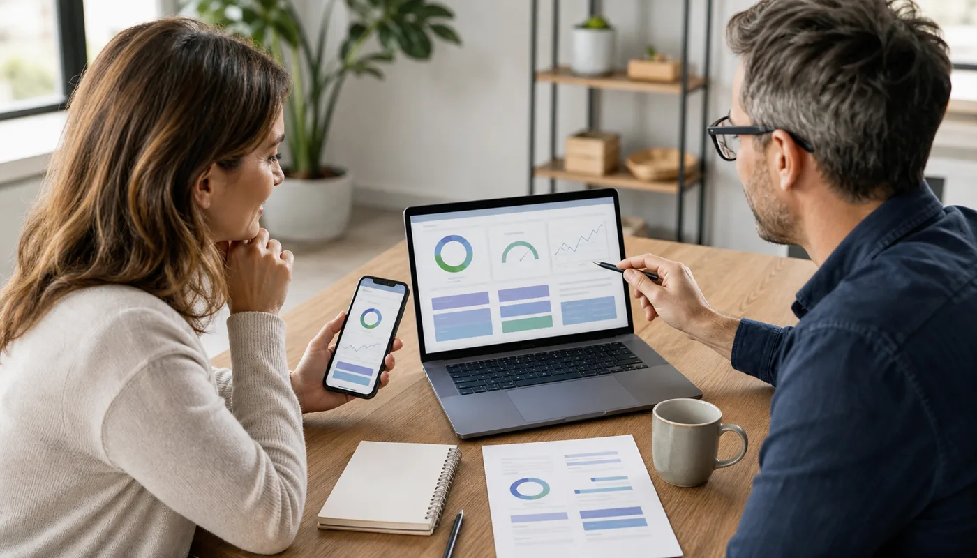 Owner comparing website performance on a phone and laptop with a consultant during a page speed and trust review