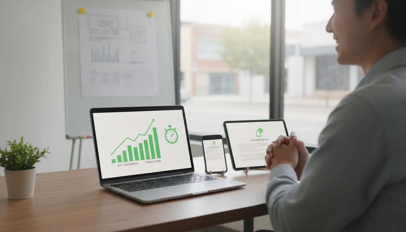 Dashboard showing website performance, SEO metrics, and conversion review for a small business