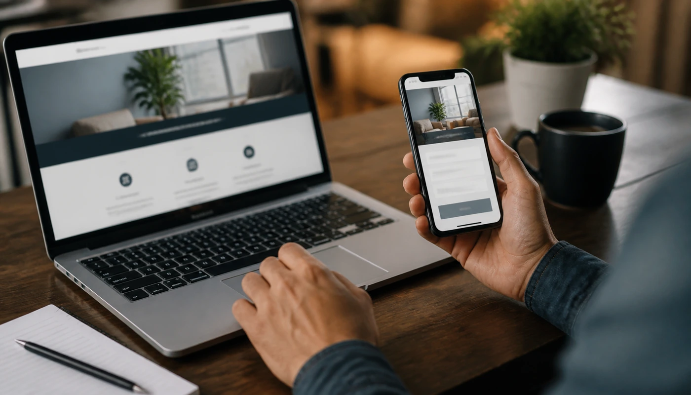 Small business owner testing a fast mobile service page and lead form on a phone and laptop