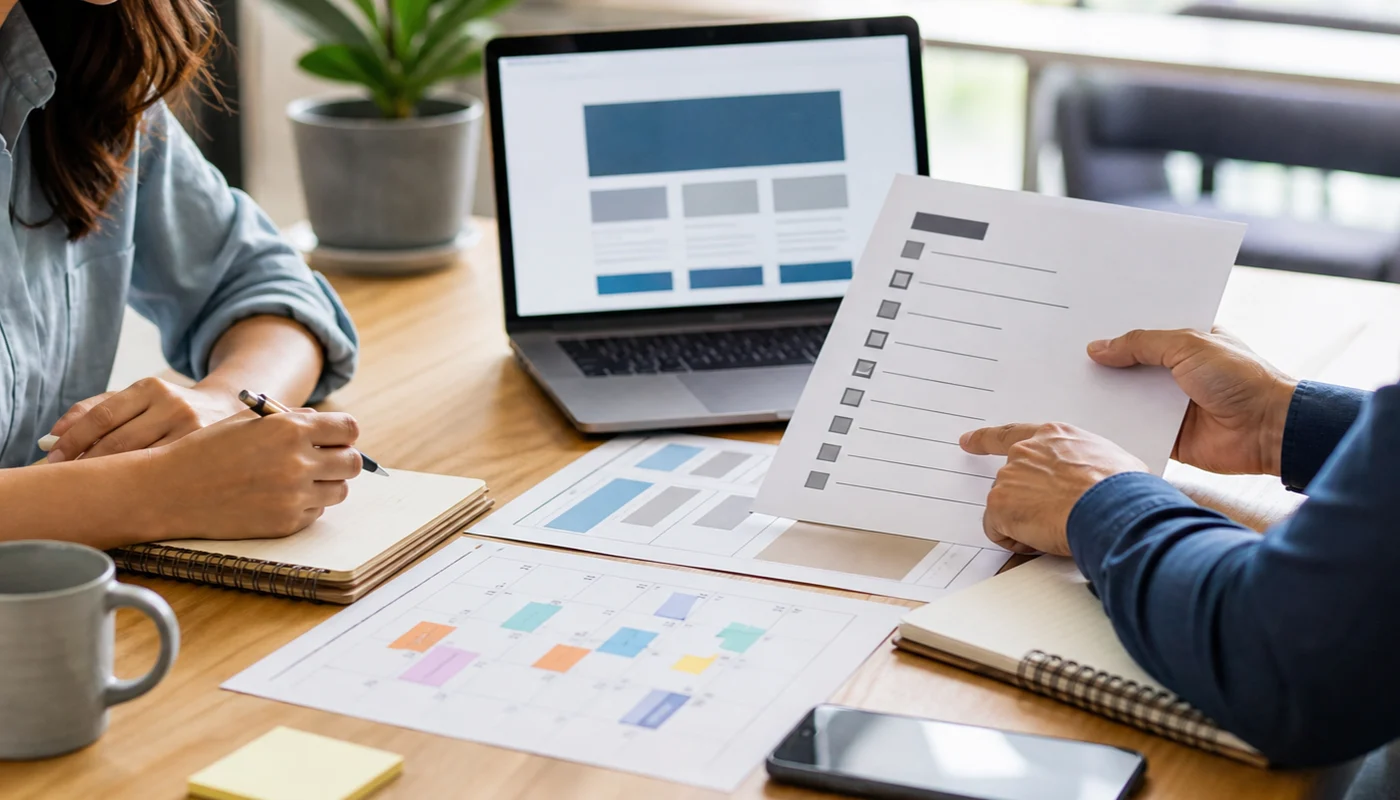 Consultor y propietario revisando una lista de verificación de soporte web, calendario de actualización y maquetas de página