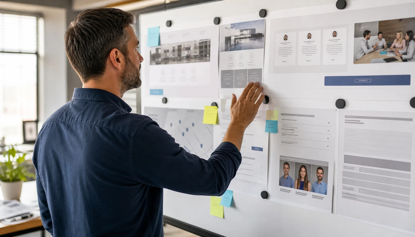 Small business team planning testimonials, FAQ support, and service-area proof for a service page