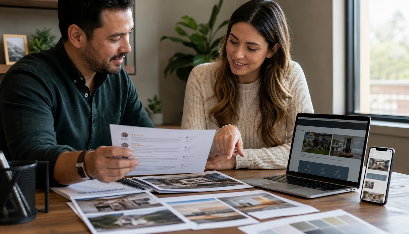 Owner reviewing customer reviews, project photos, and a mobile contact path to improve website credibility