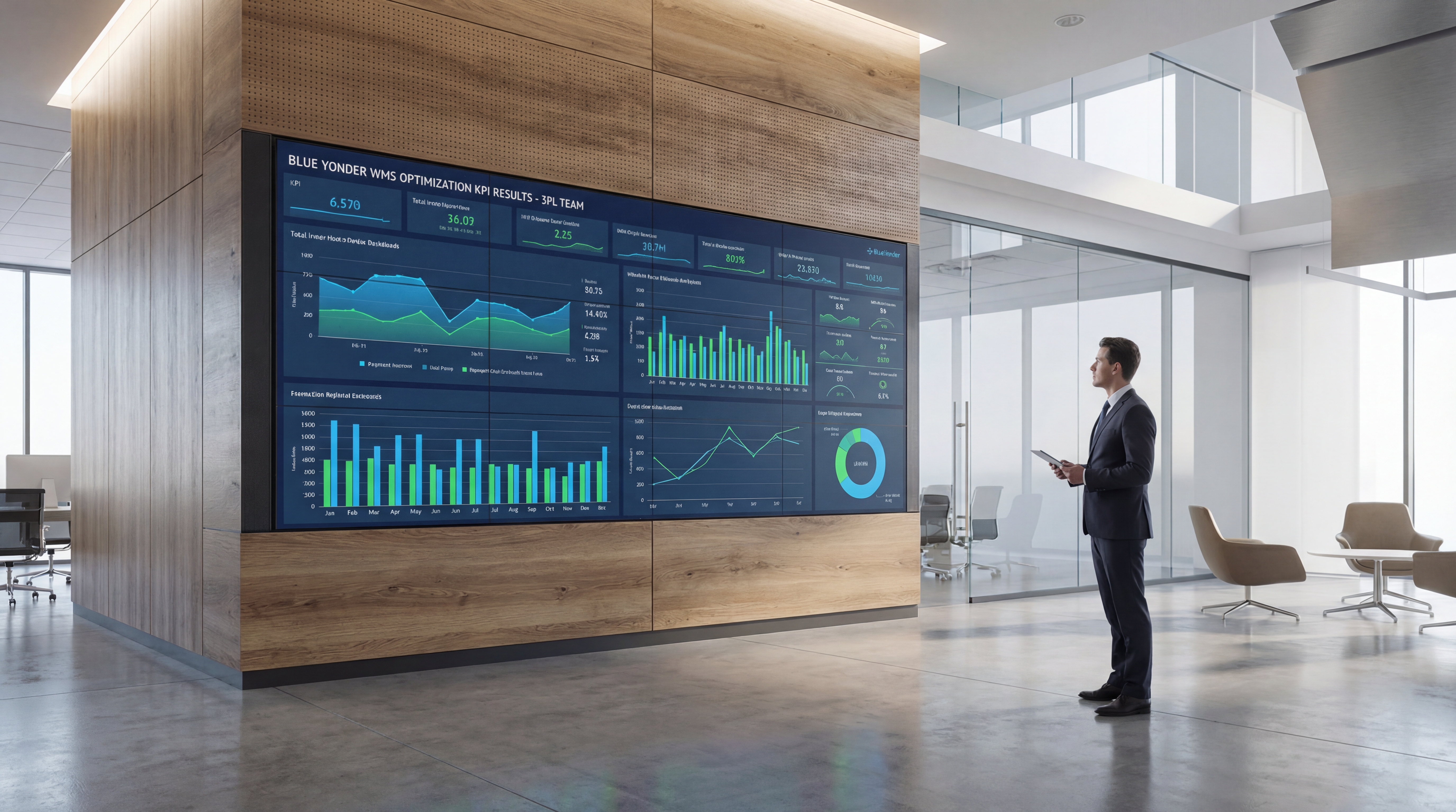 Dashboard showing Blue Yonder (RedPrairie) WMS optimization KPIs and exceptions